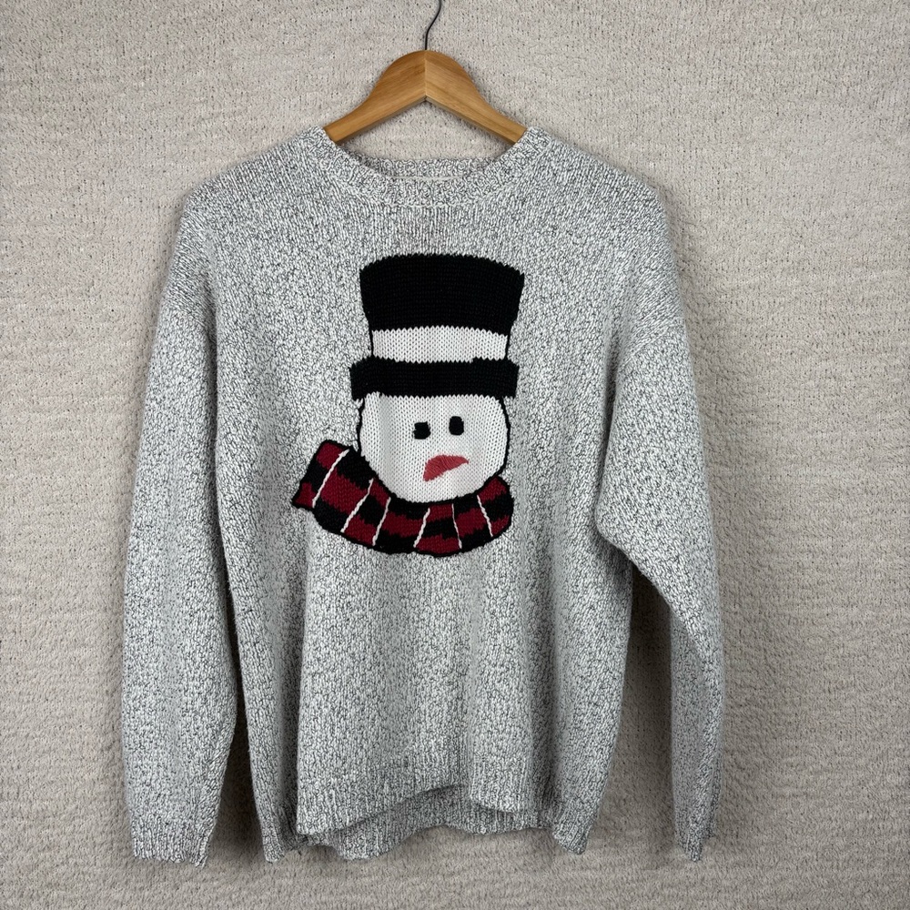 Vtg Christopher & Banks Sweater Womens M Gray Holiday Snowman Loop & Stitch Knit